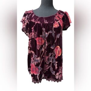 Velvet Floral Boho Blouse-Taylor & Sage M • Burgundy Ruffled Sleeve Crochet Hem
